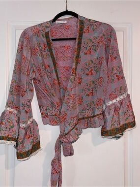 Pink Floral Tie-Front Kimono Top with Bell Sleeves